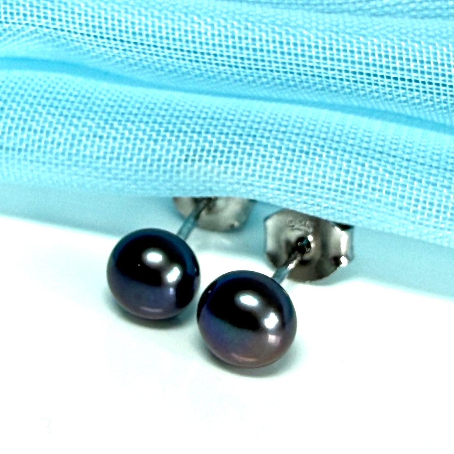 Real cultured freshwater grey black pearl earrings sterling silver 5.5 mm