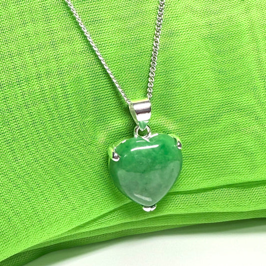 A real dark green jade necklace heart shaped sterling silver love pendant, a gorgeous timeless design with a chain