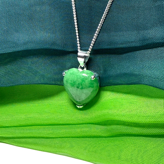 A real dark green jade pendant necklace heart shape sterling silver and a chain