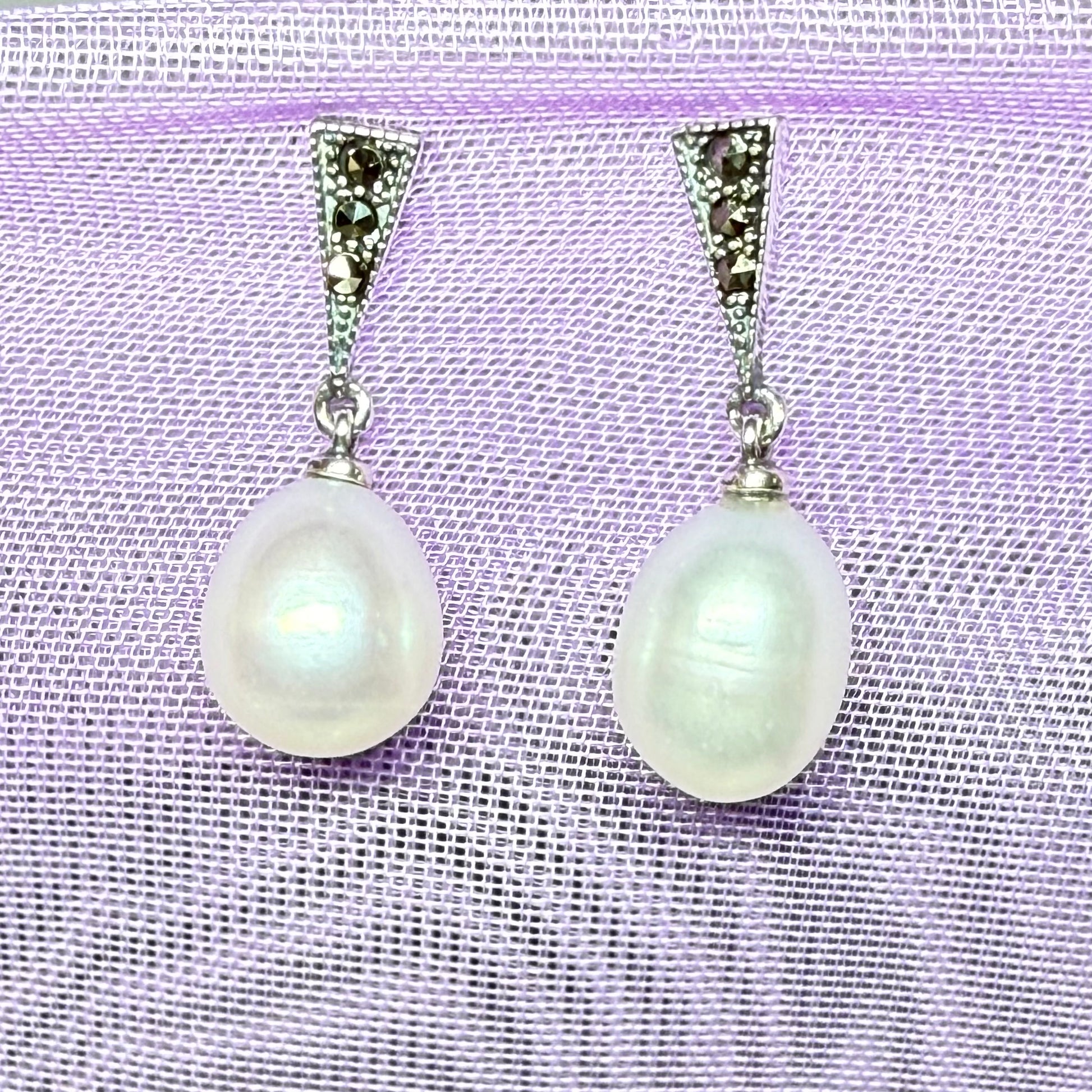 Real freshwater cultured pearl and marcasite drop earrings