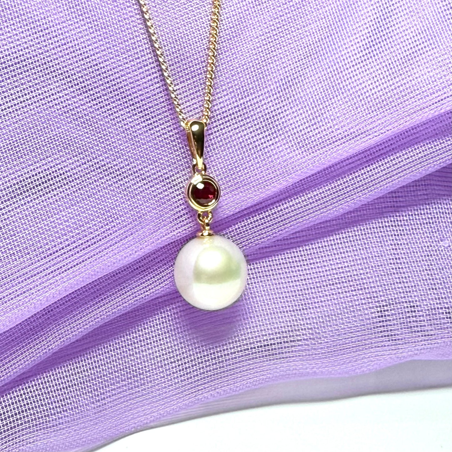 Real freshwater cultured pearl necklace and real ruby round drop pendant sterling silver with yellow gold plated