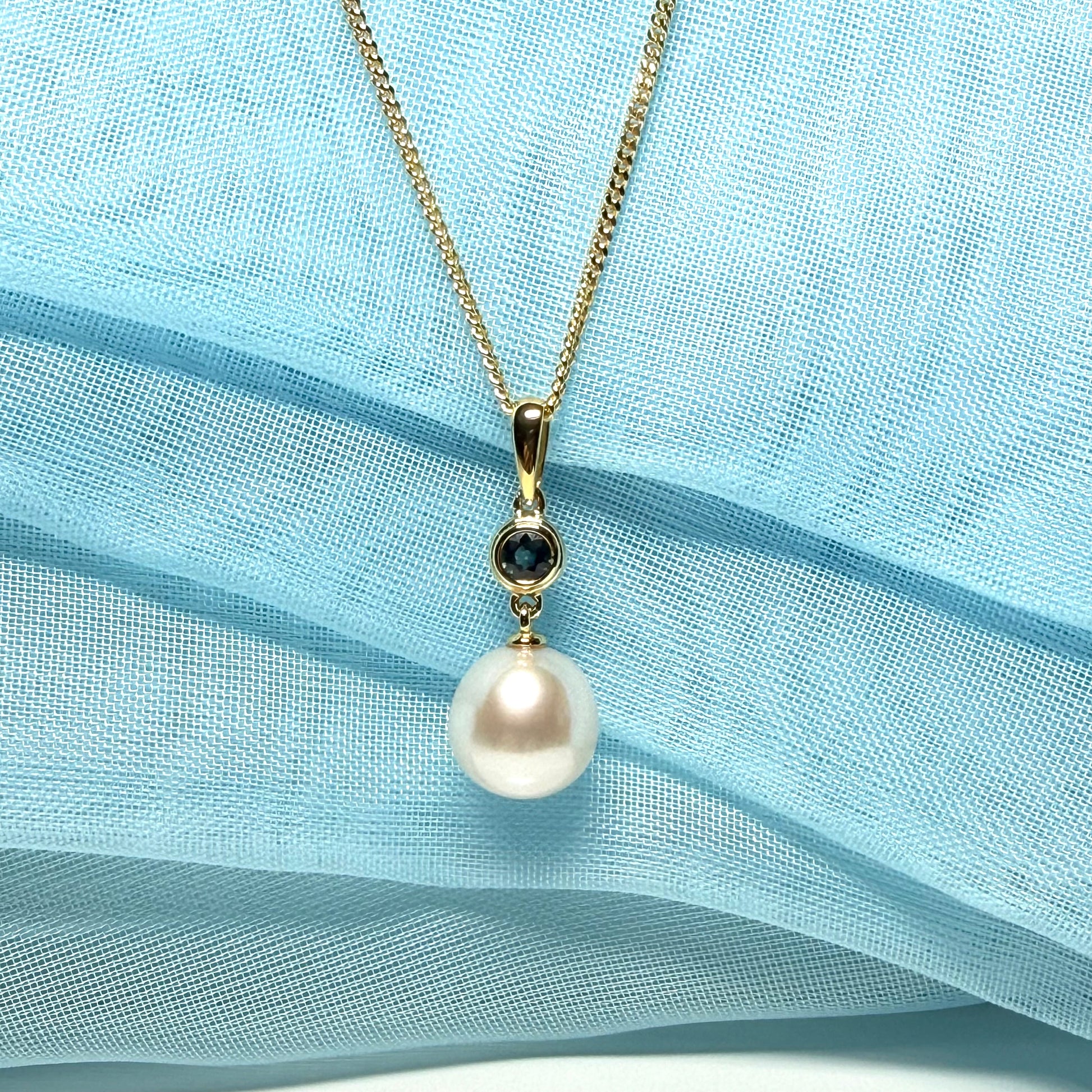 Real freshwater cultured pearl necklace and real sapphire round drop pendant sterling silver with yellow gold plating