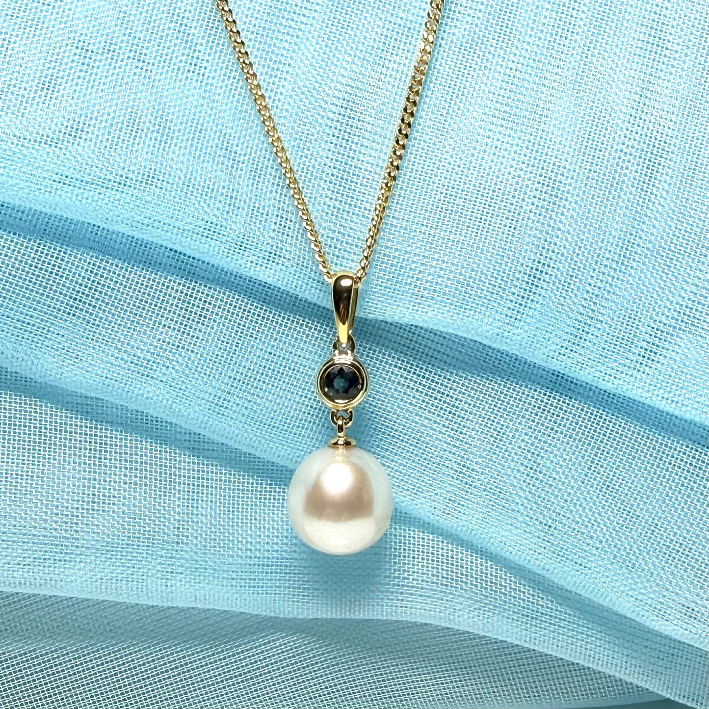 Real freshwater cultured pearl necklace and real sapphire round drop pendant sterling silver with yellow gold plating