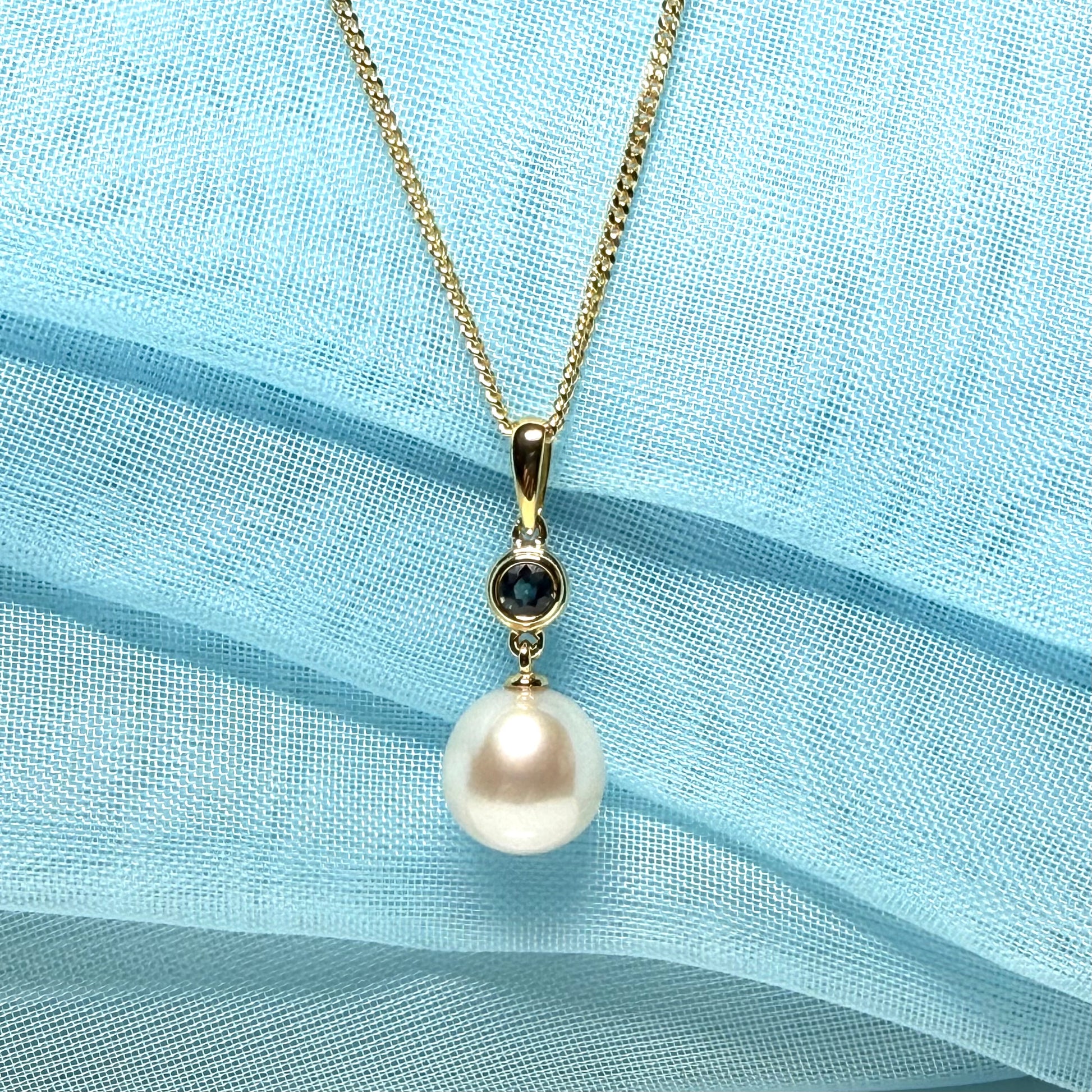 Real freshwater cultured pearl necklace and real sapphire round drop pendant sterling silver with yellow gold plating