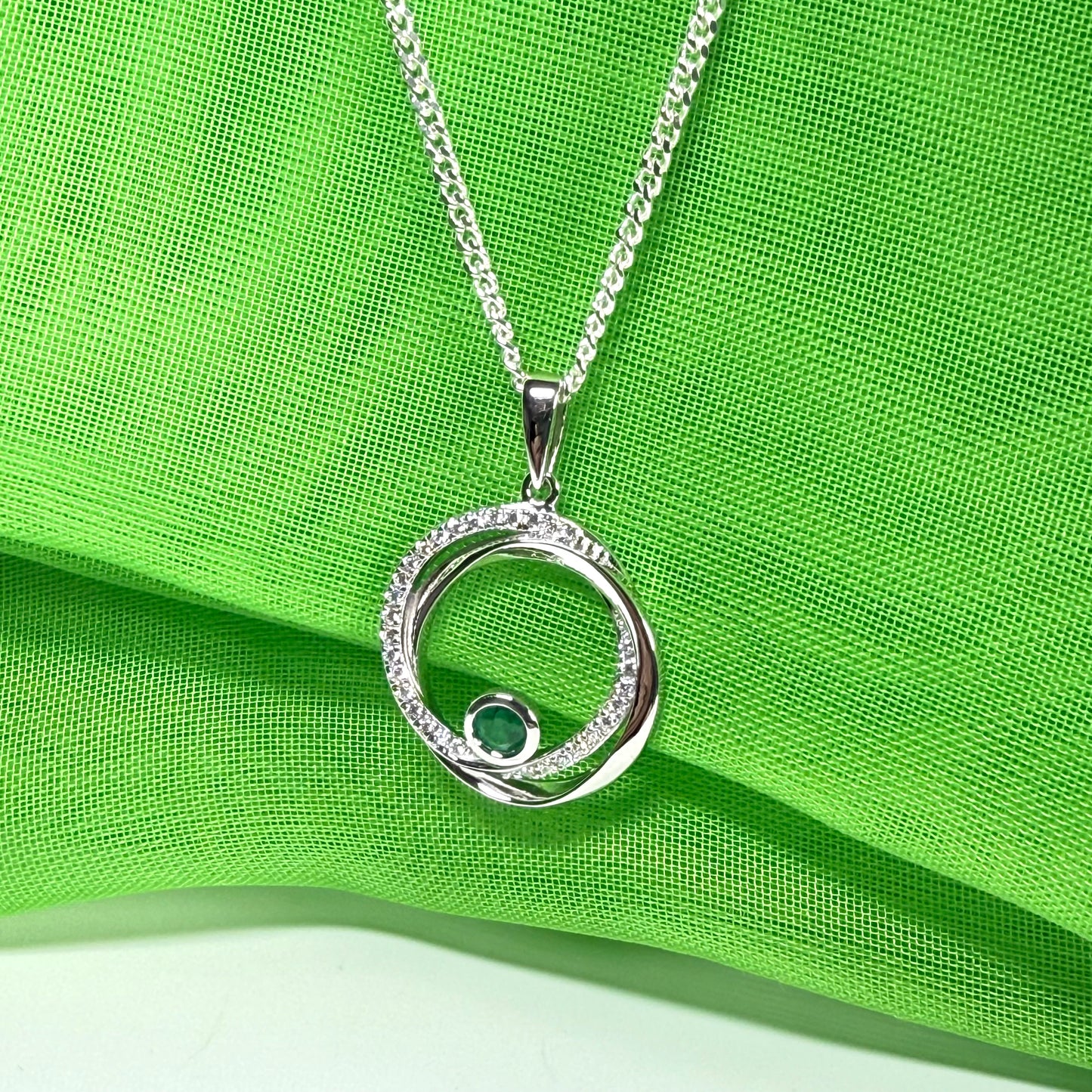 Real green emerald and cubic zirconia round necklace swirl pendant