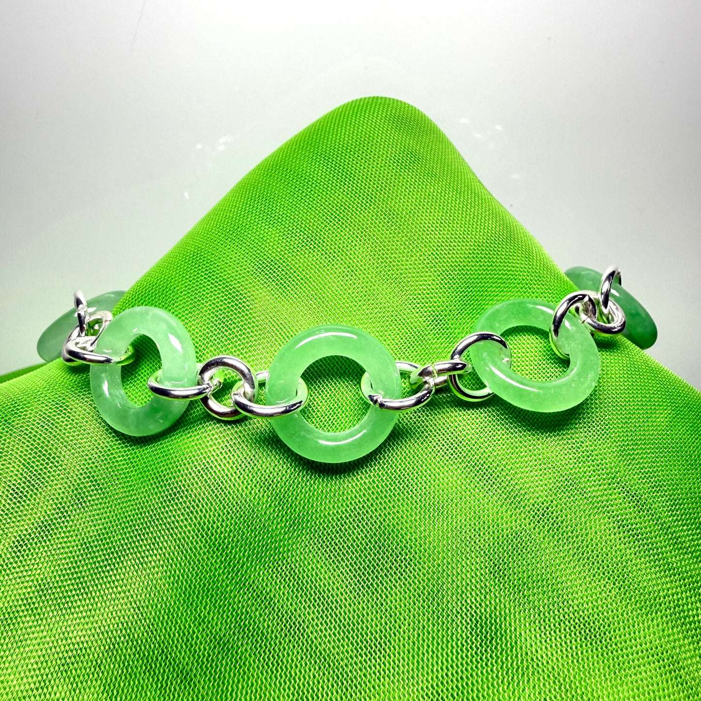 Real green jade bracelet sterling silver circle round design