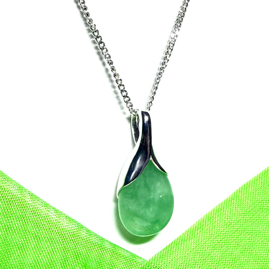 Necklace with a real green jade teardrop pendant on a white background