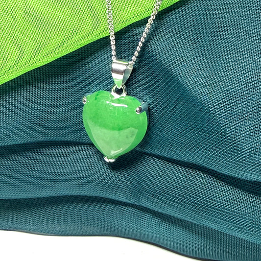 A real green jade necklace heart shape sterling silver, a timeless pendant and chain