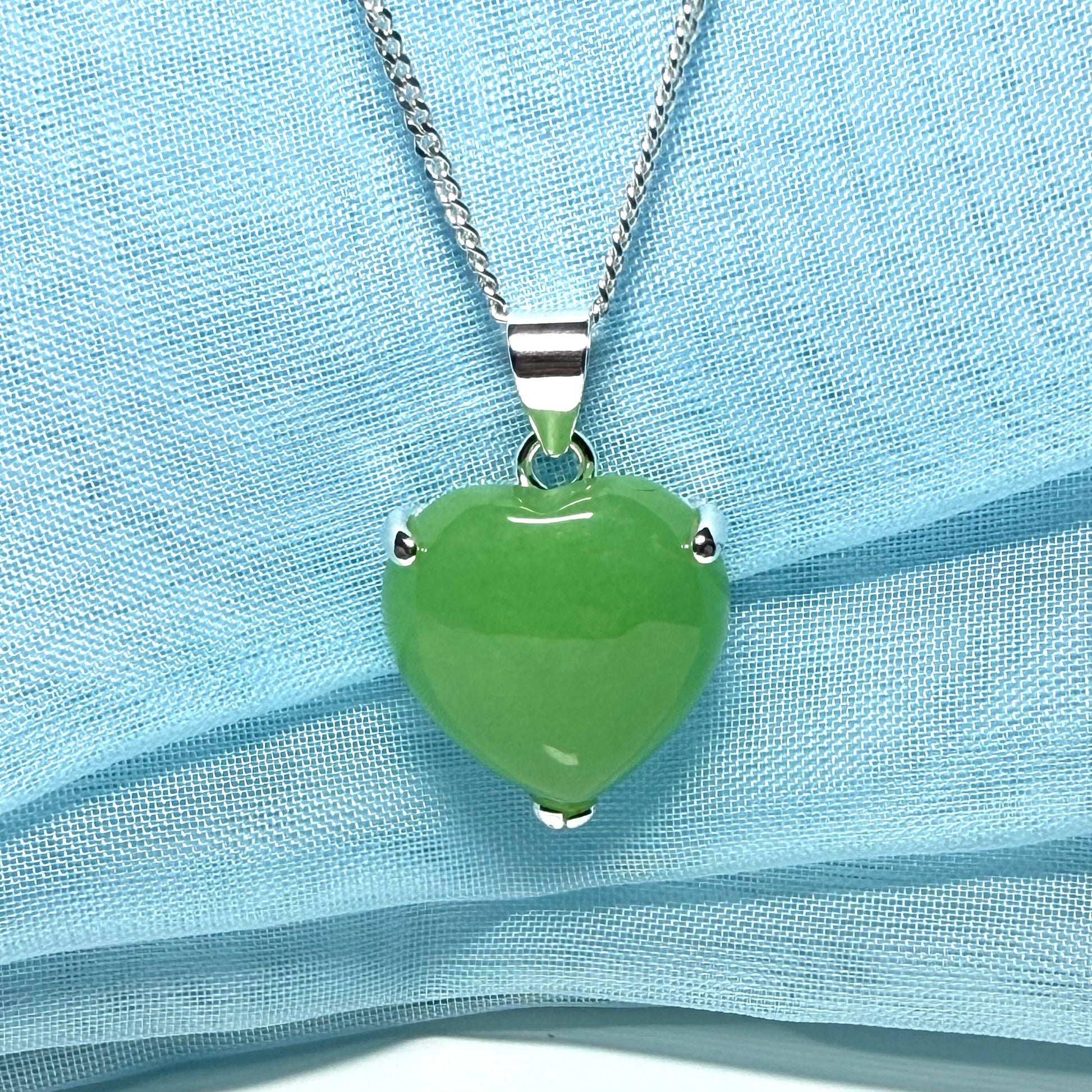 Real green jade necklace heart shaped sterling silver with chain