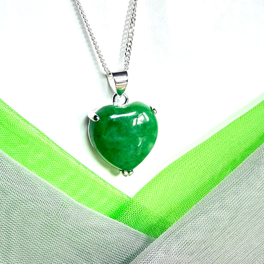 A real green jade necklace heart shape sterling silver with solid chain and box included