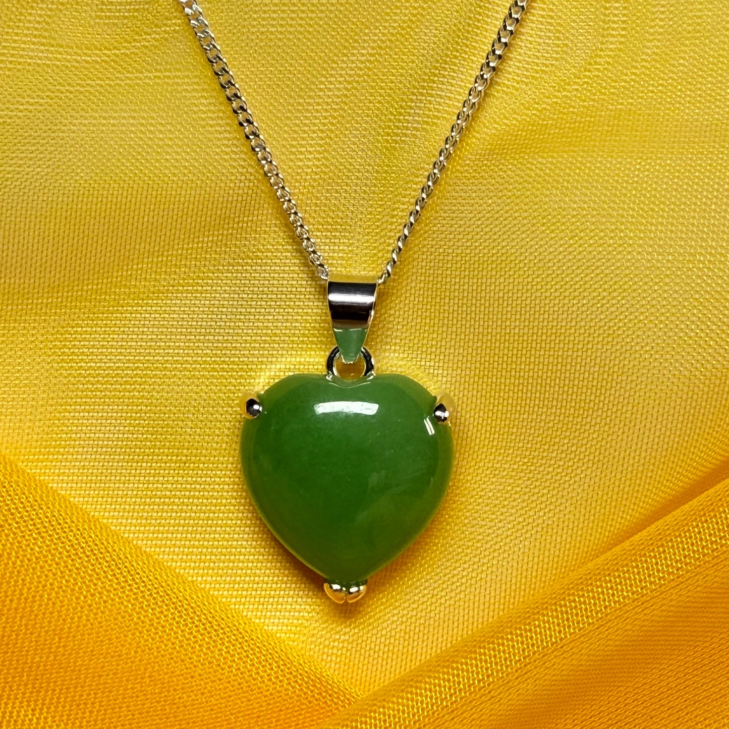 A real green jade necklace heart shaped sterling silver pendant love necklace