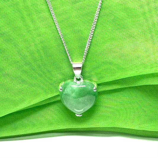 A real green jade necklace heart shaped sterling silver love pendant, , a gorgeous timeless design with a chain