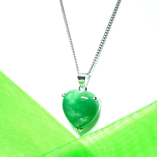 A real green jade necklace heart shaped sterling silver love pendant, , a gorgeous timeless design with a chain