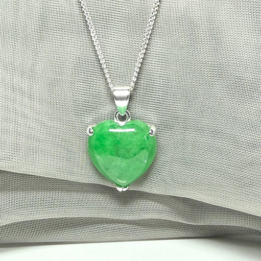 A real green jade necklace heart shaped sterling silver pendant love necklace with chain, stunning