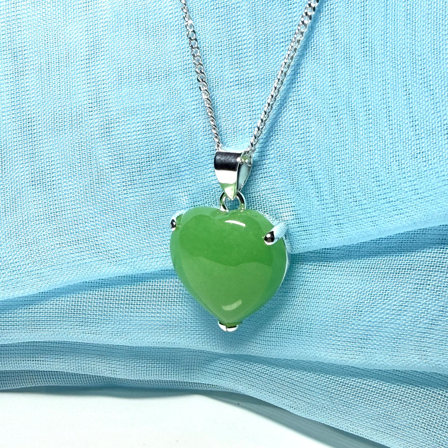 Real green jade necklace heart shaped sterling silver with chain