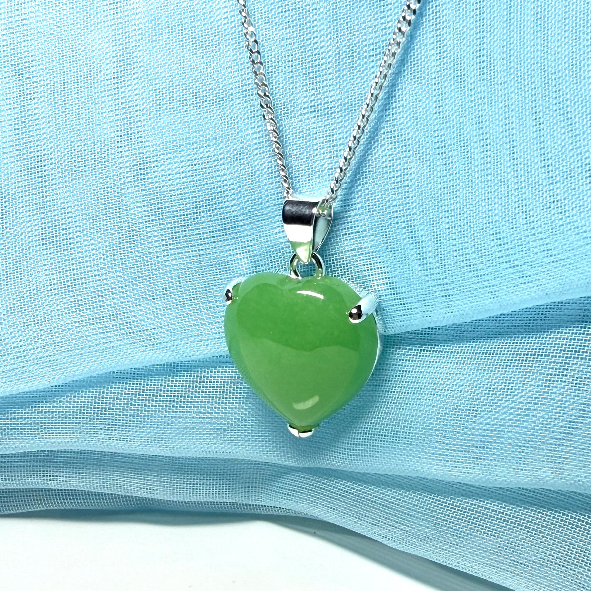 Real green jade necklace heart shaped sterling silver with chain