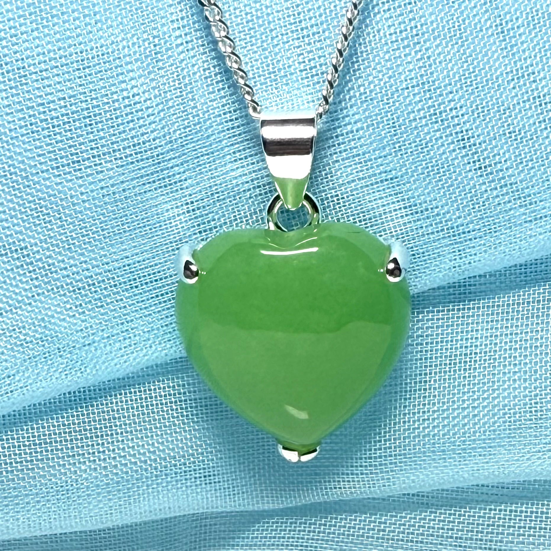 Real green jade necklace heart shaped sterling silver with chain