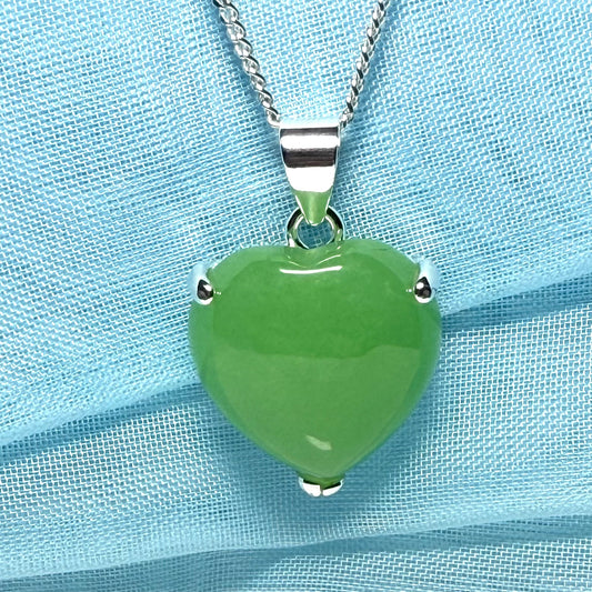 Real green jade necklace heart shaped sterling silver with chain