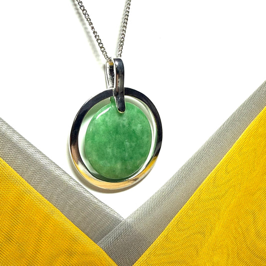 Real green jade necklace large round shape with a beautiful designed halo pendant with a chain