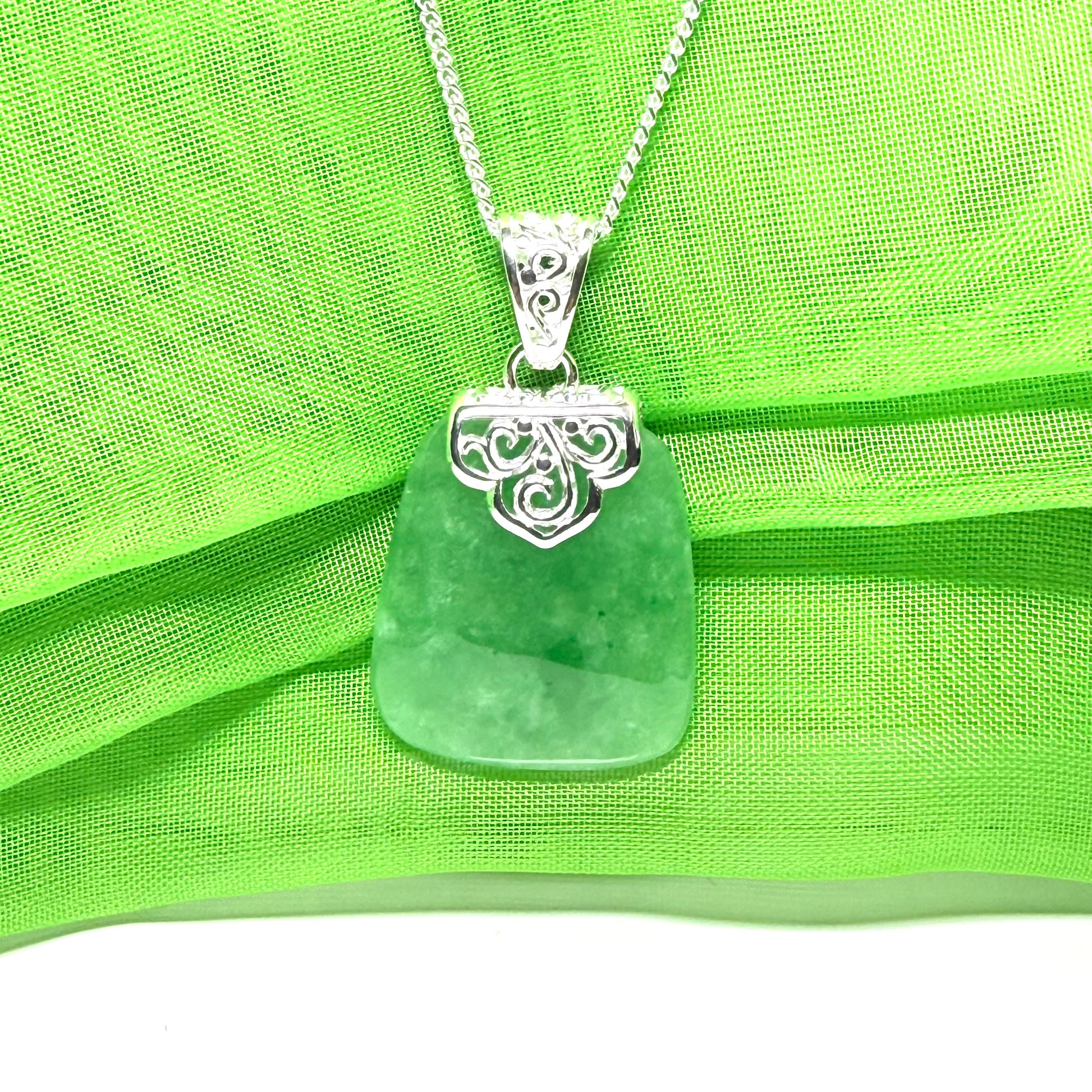 Real green jade necklace sterling silver large cushion shaped, a truly gorgeous pendant