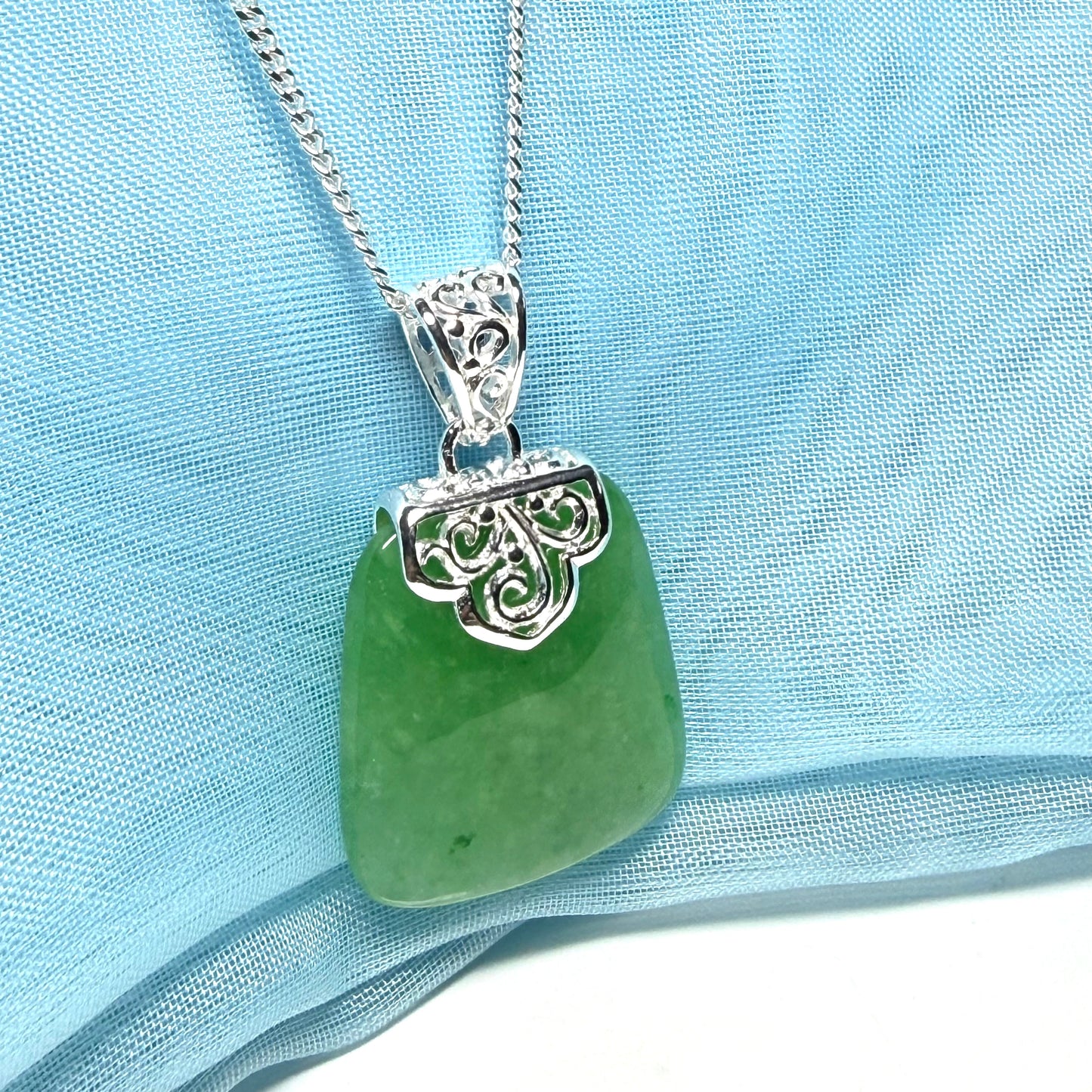 Real green jade necklace sterling silver large cushion shaped including a curb linked type chain