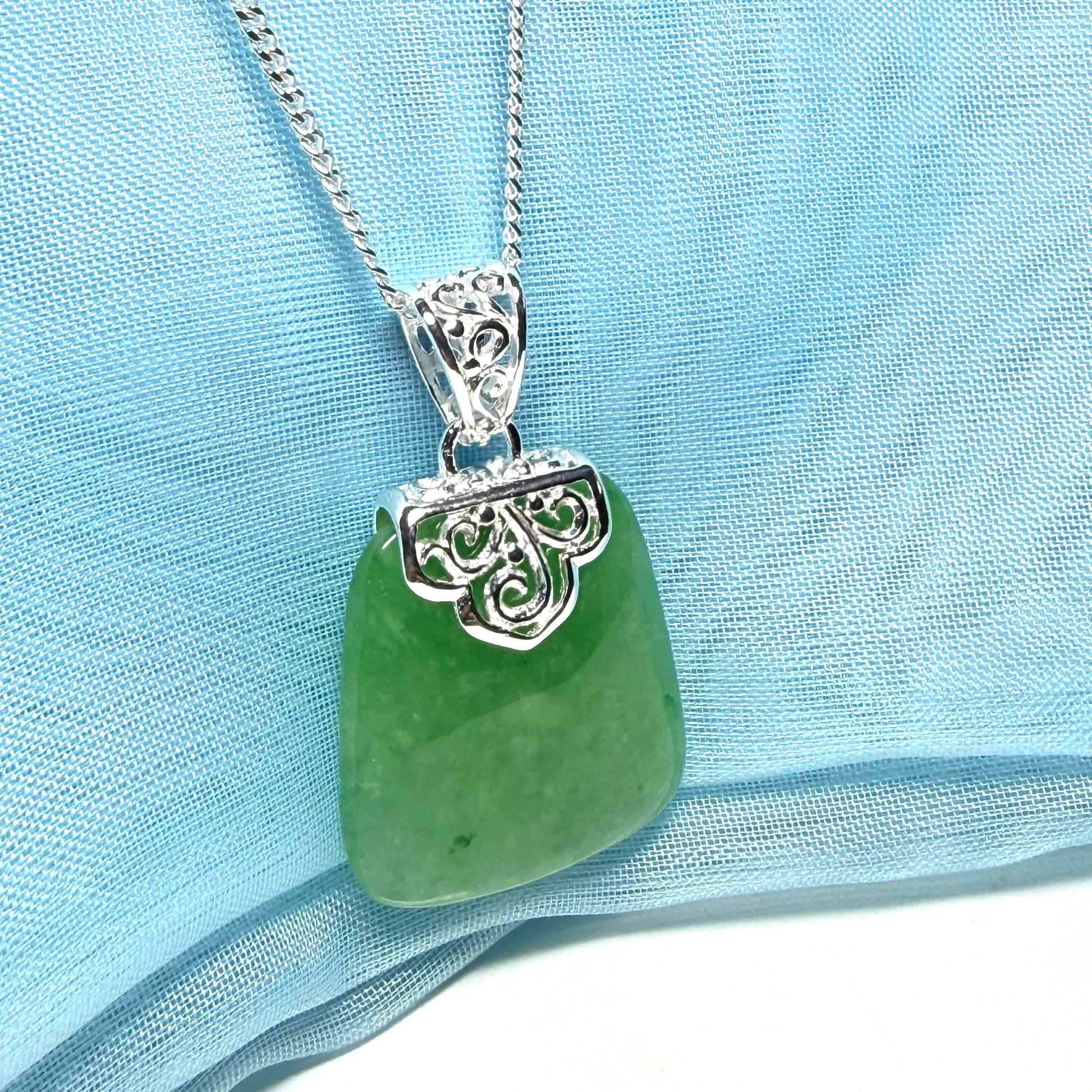Real green jade necklace sterling silver large cushion shaped including a curb linked type chain