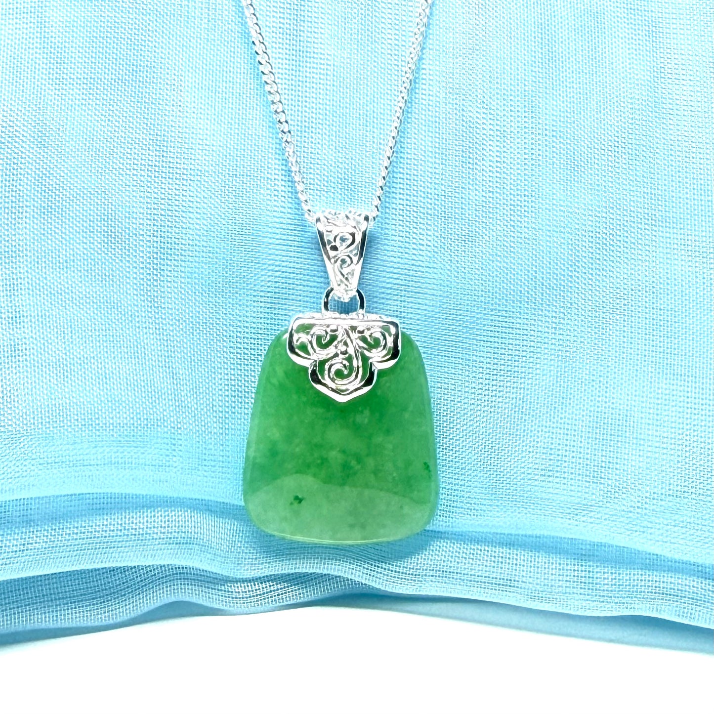 Real green jade necklace sterling silver large cushion shaped including a curb linked type chain