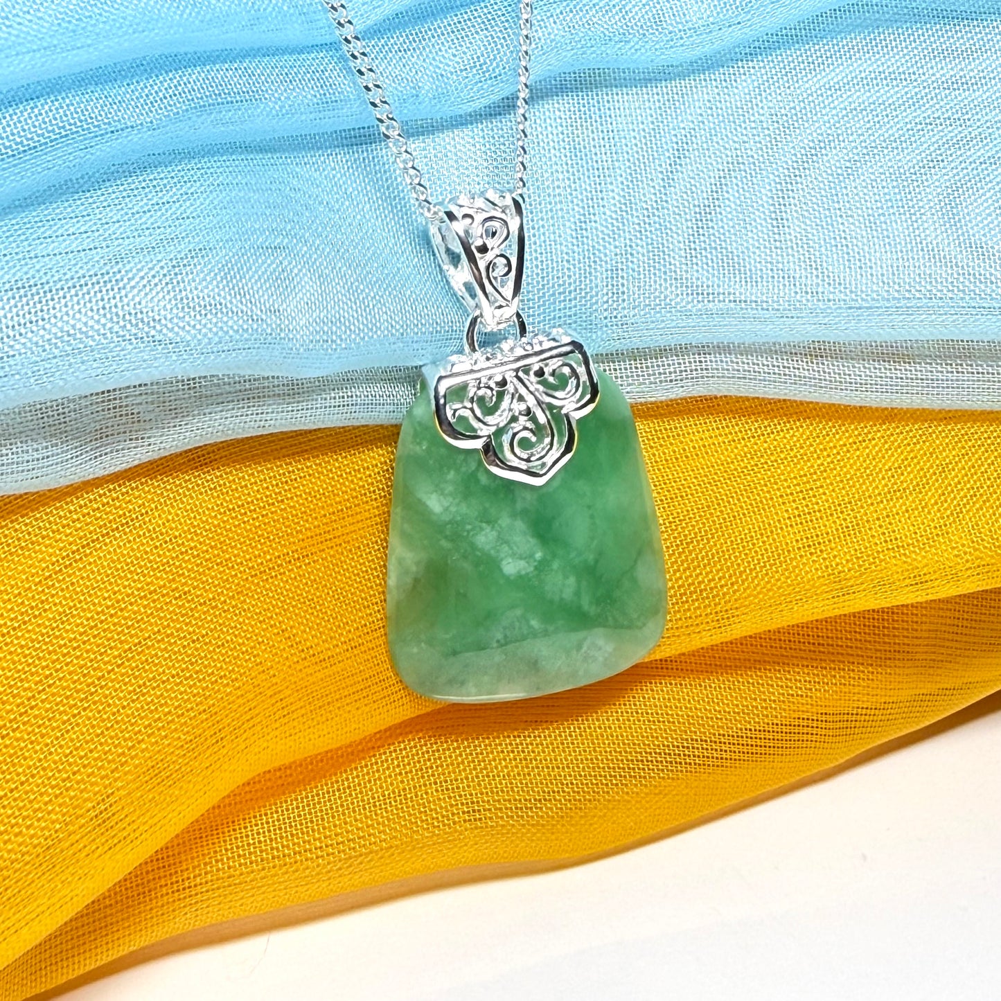 Real green jade necklace sterling silver large cushion shaped pendant