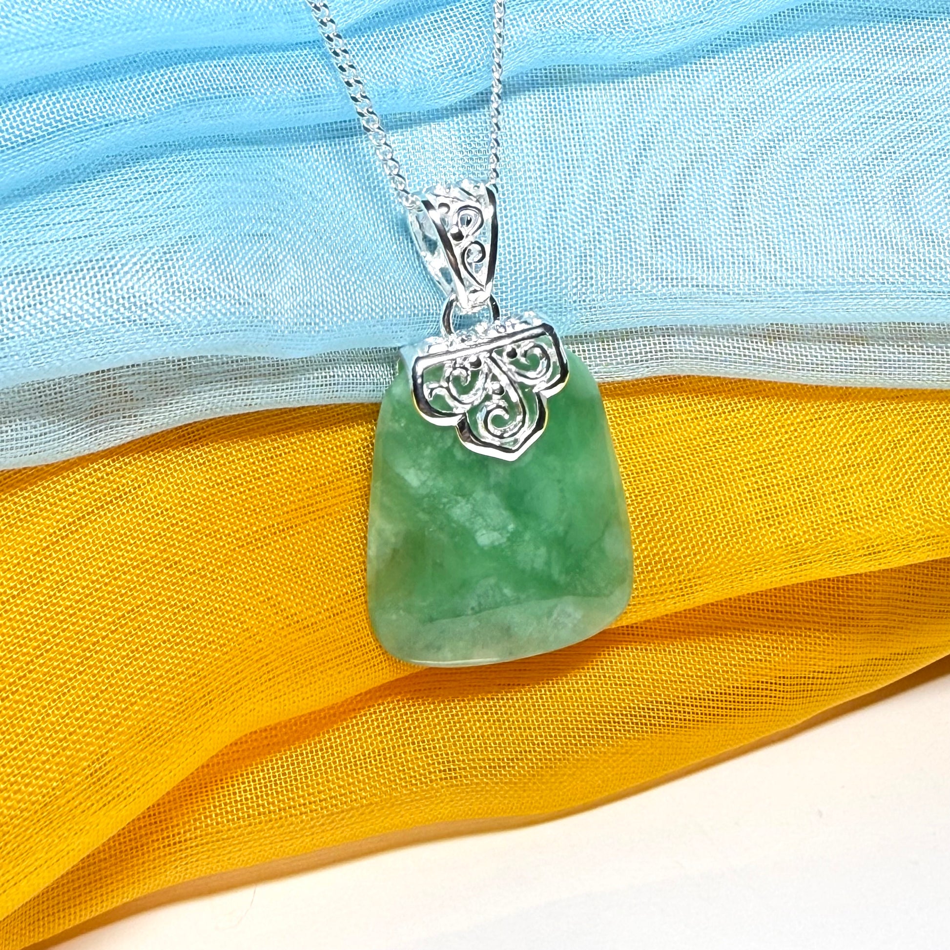 Real green jade necklace sterling silver large cushion shaped pendant