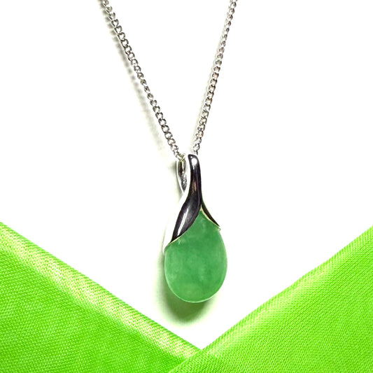 A real green jade pear shaped necklace in a teardrop pendant including a chain