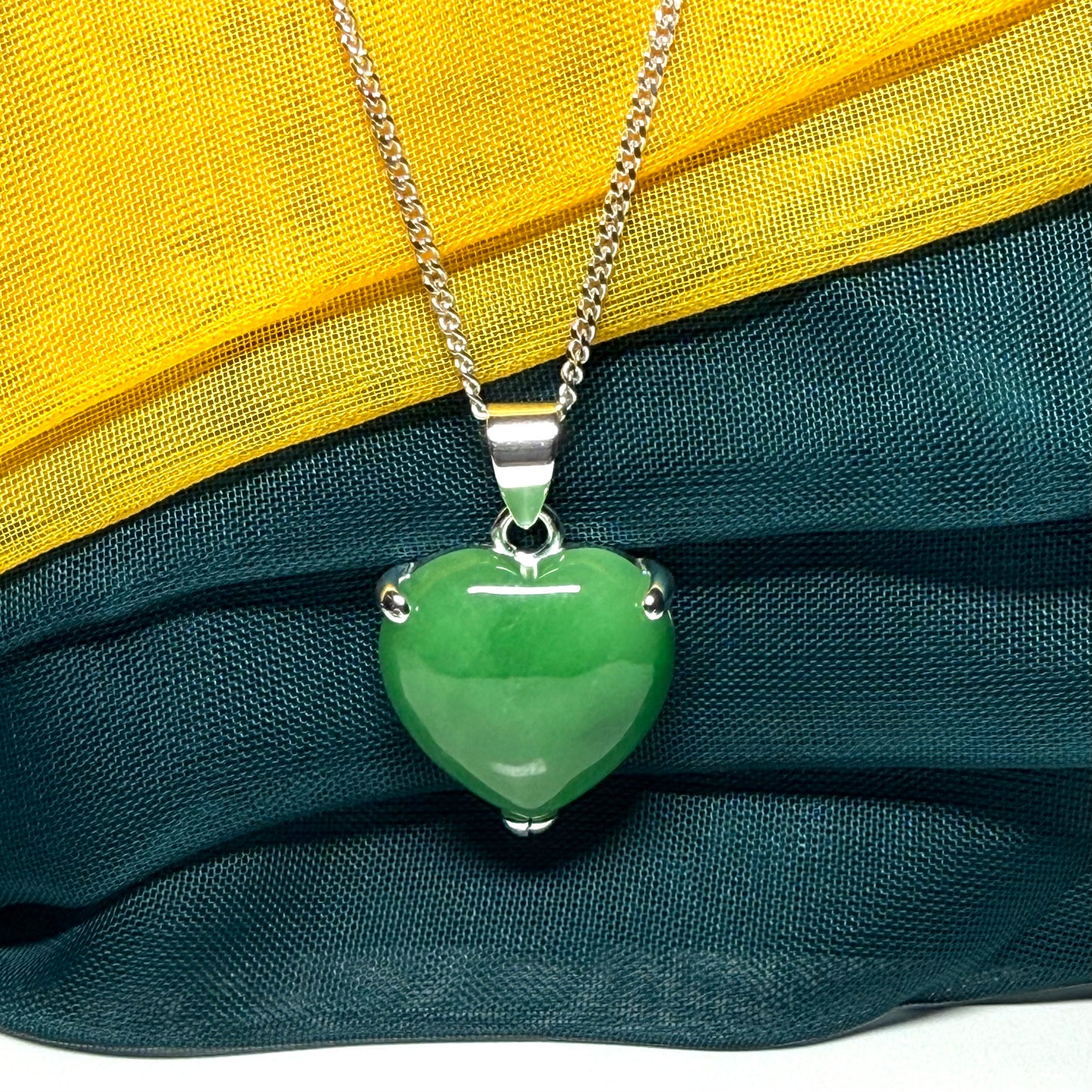 A real green jade pendant necklace heart shape sterling silver with chain too