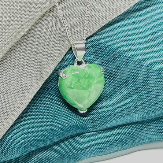 A real green jade pendant necklace heart shape sterling silver and chain