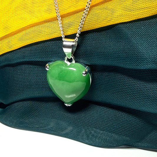 A real green jade pendant necklace heart shape sterling silver with chain too