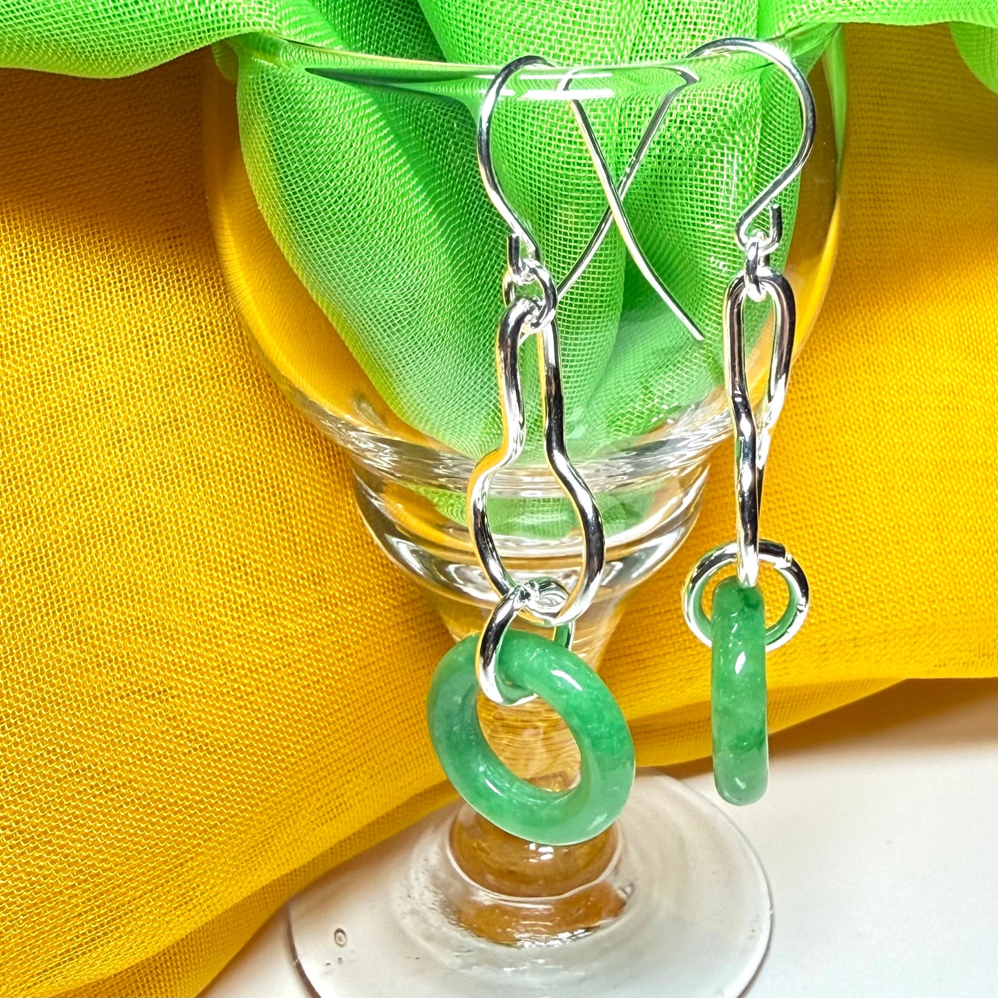 Real green jade sterling silver looped dangling dropped earrings, round in shape