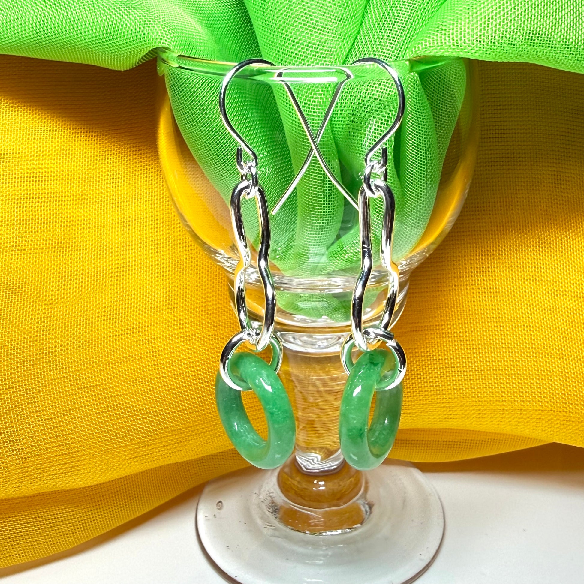 Real green jade sterling silver looped dangling dropped earrings, round in shape