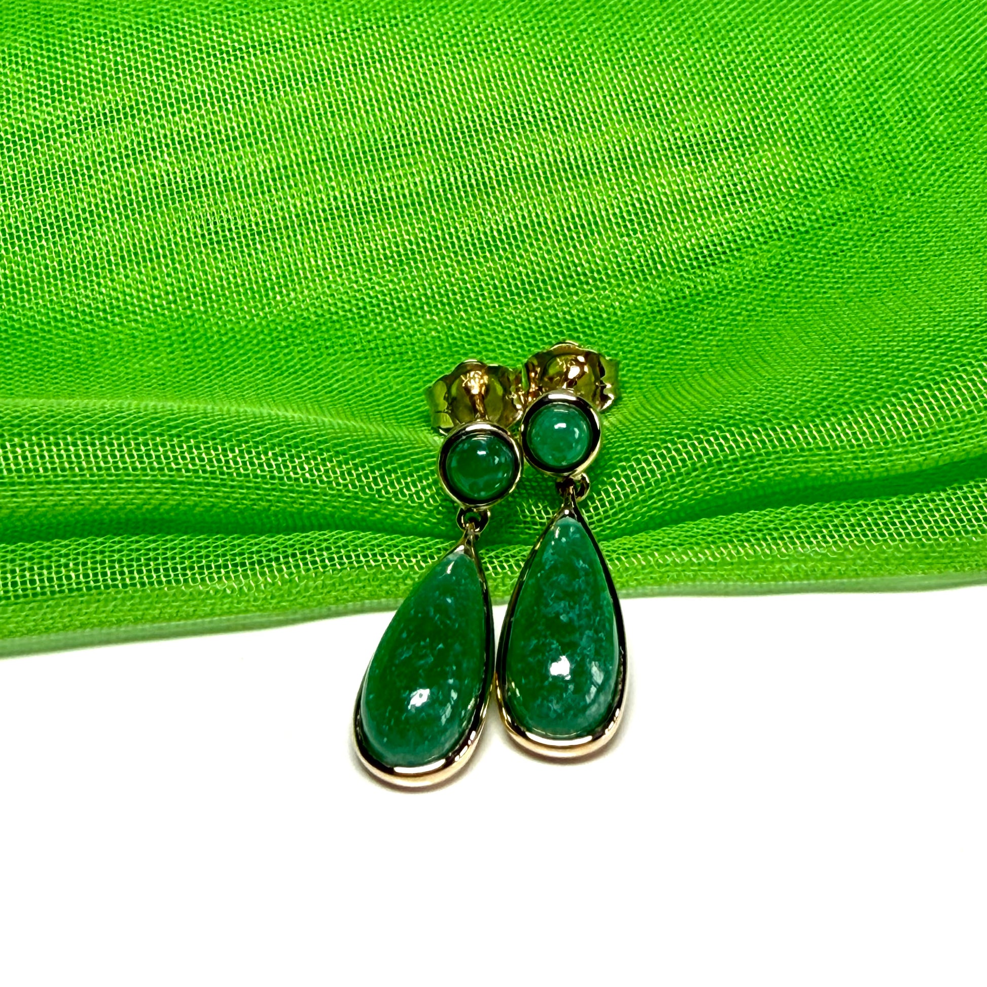 Real jade earrings drop double round and teardrop yellow gold drop design