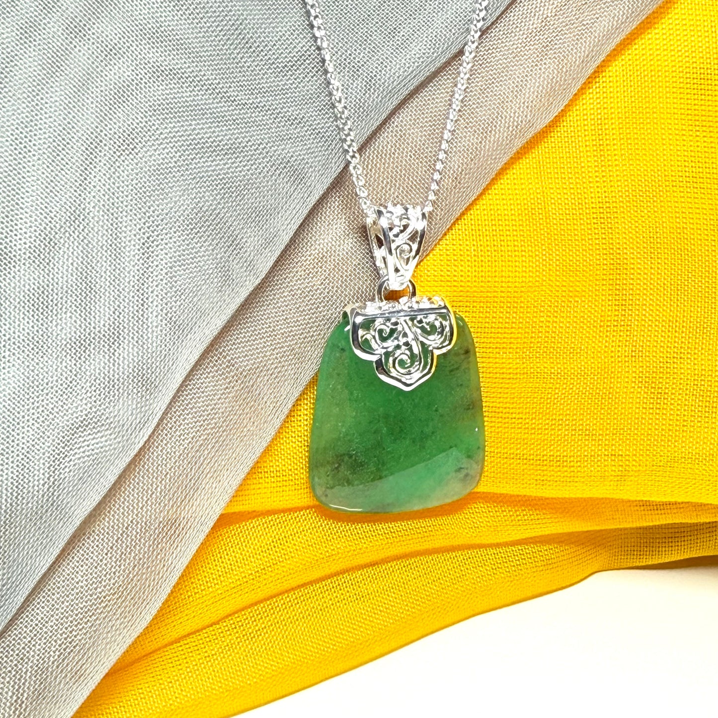 Real jade neck pendant green sterling silver large cushion shaped, a truly stunning necklace