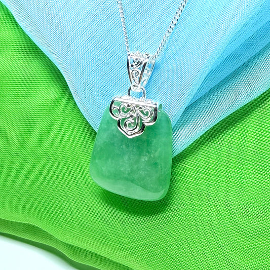 Real jade necklace light green sterling silver large cushion shaped, a beautiful pendant