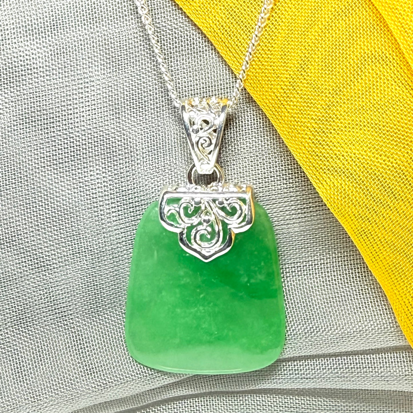 Real jade necklace green sterling silver large cushion shaped, a timeless stunning design