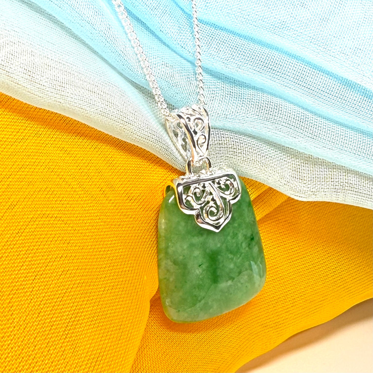 Real jade necklace green sterling silver large cushion shaped, with a beautiful designed pendant with chain