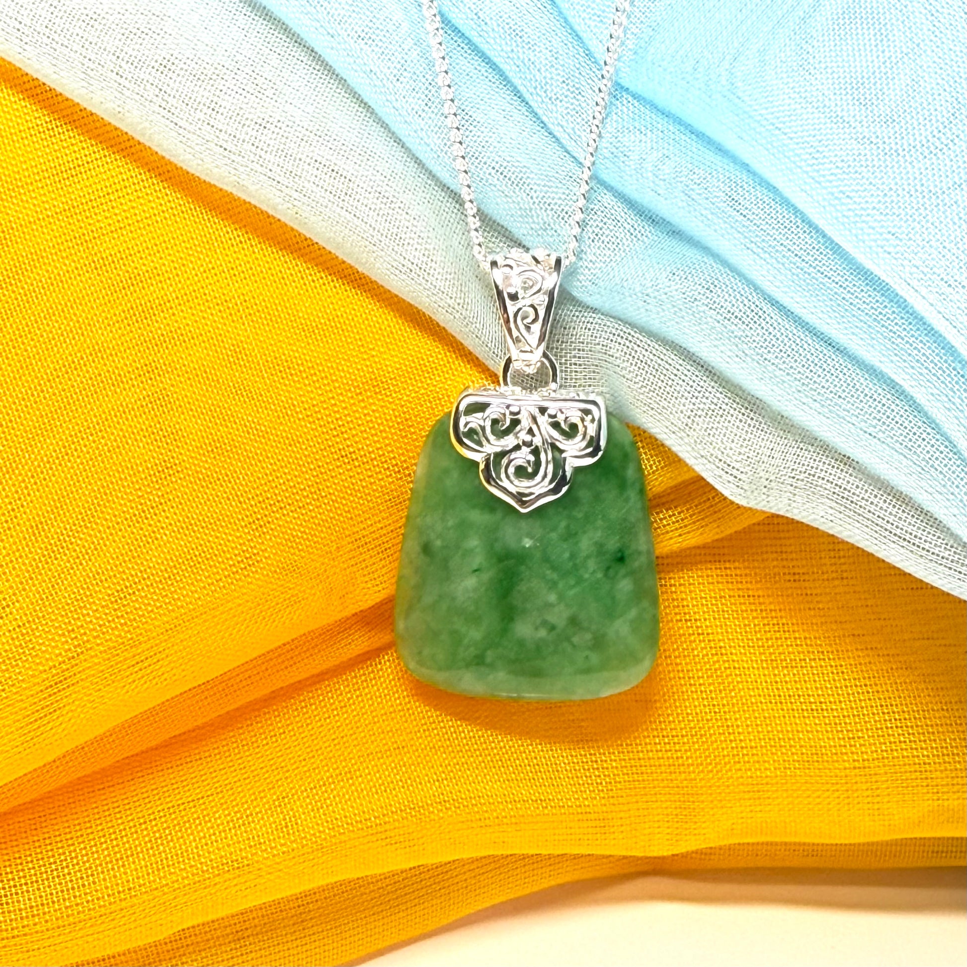 Real jade necklace green sterling silver large cushion shaped, with a beautiful designed pendant with chain