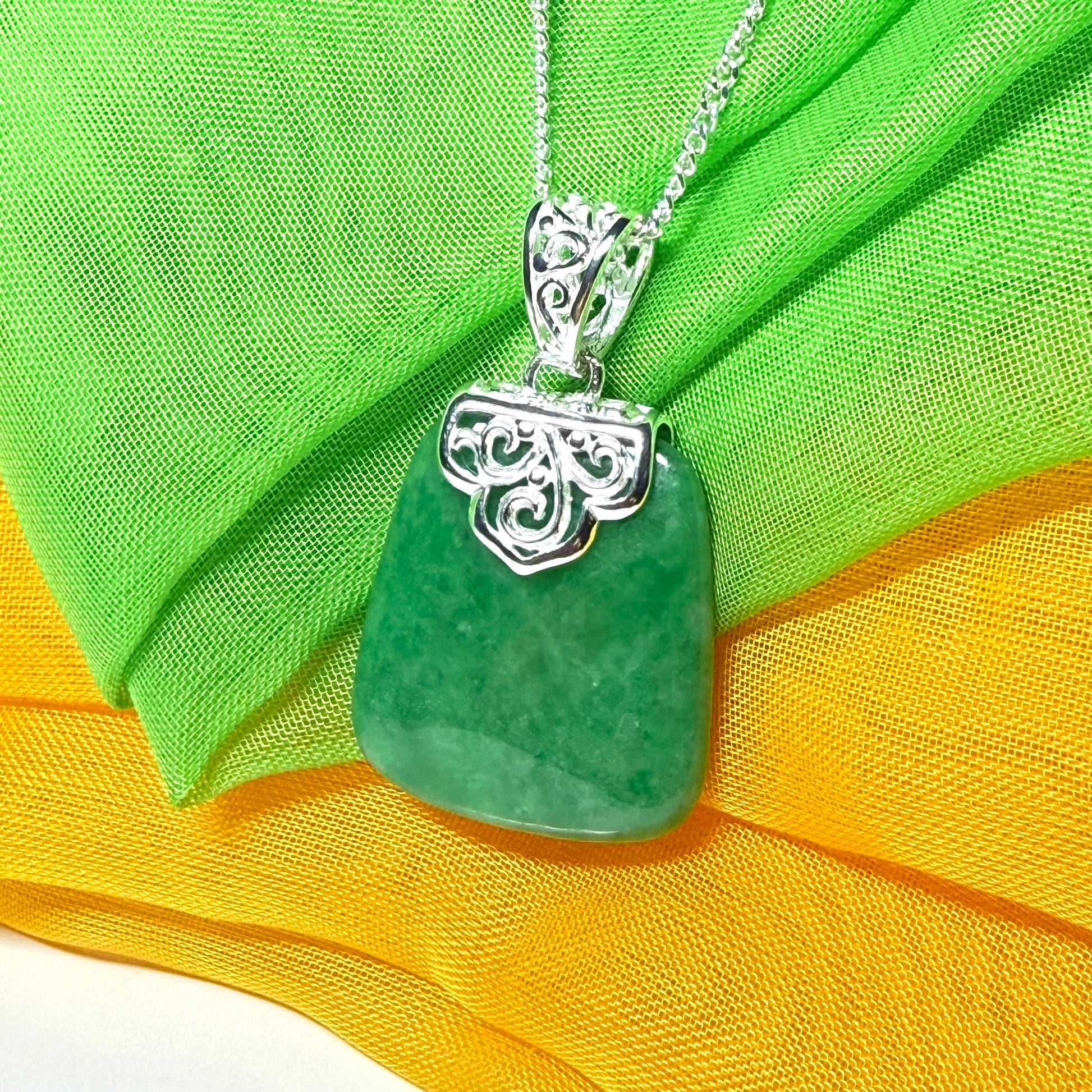 Real jade necklace light green sterling silver large cushion shaped pendant
