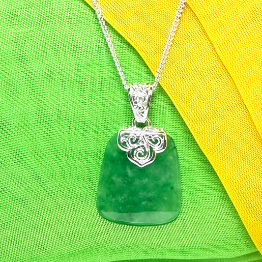 A real jade pendant green sterling silver large cushion shaped, a truly stunning necklace