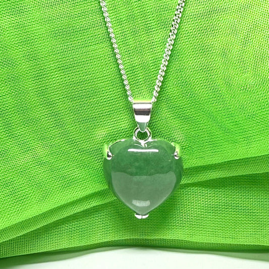 A real light green jade necklace heart shape sterling silver with solid chain