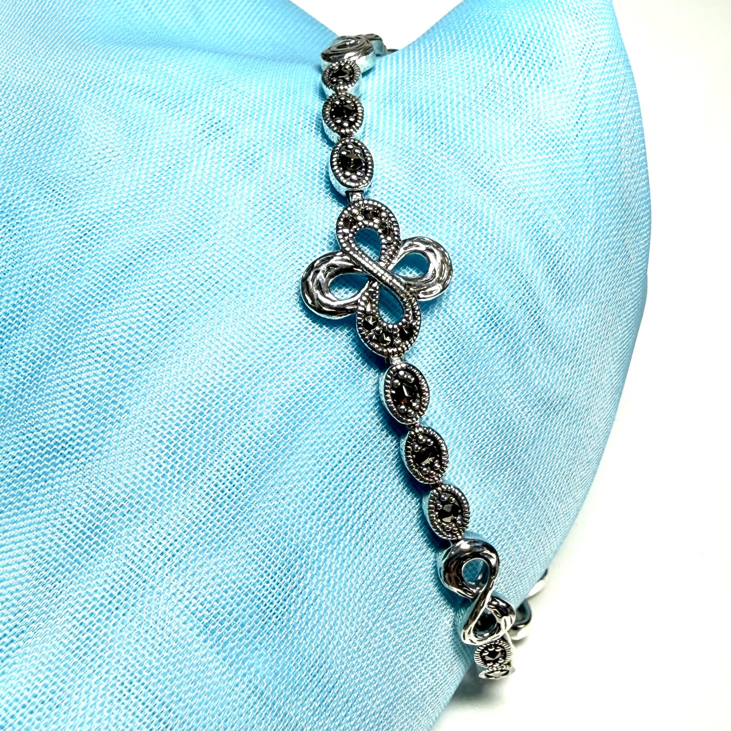 Real marcasite sterling silver bracelet open oval and infinity shaped