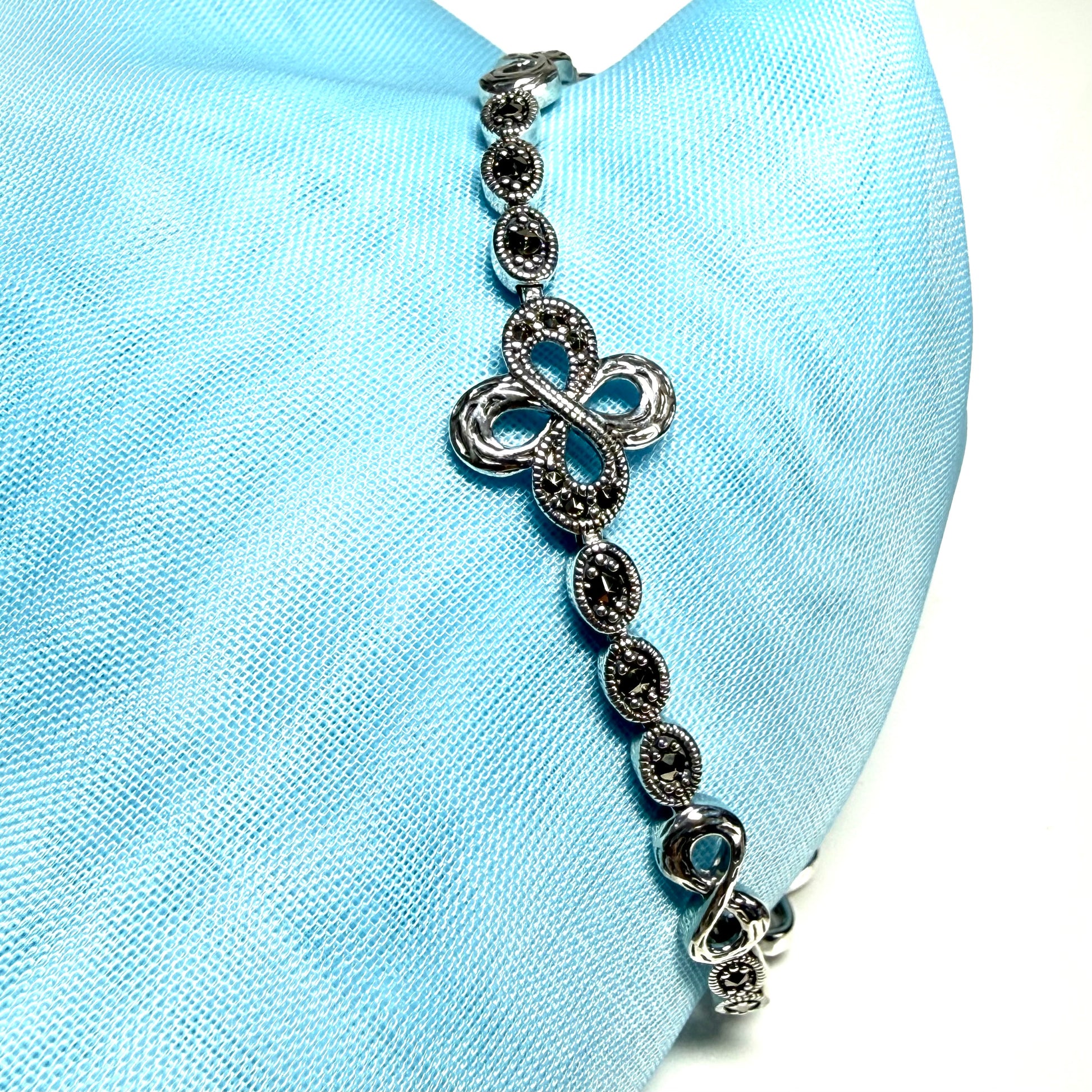 Real marcasite sterling silver bracelet open oval and infinity shaped