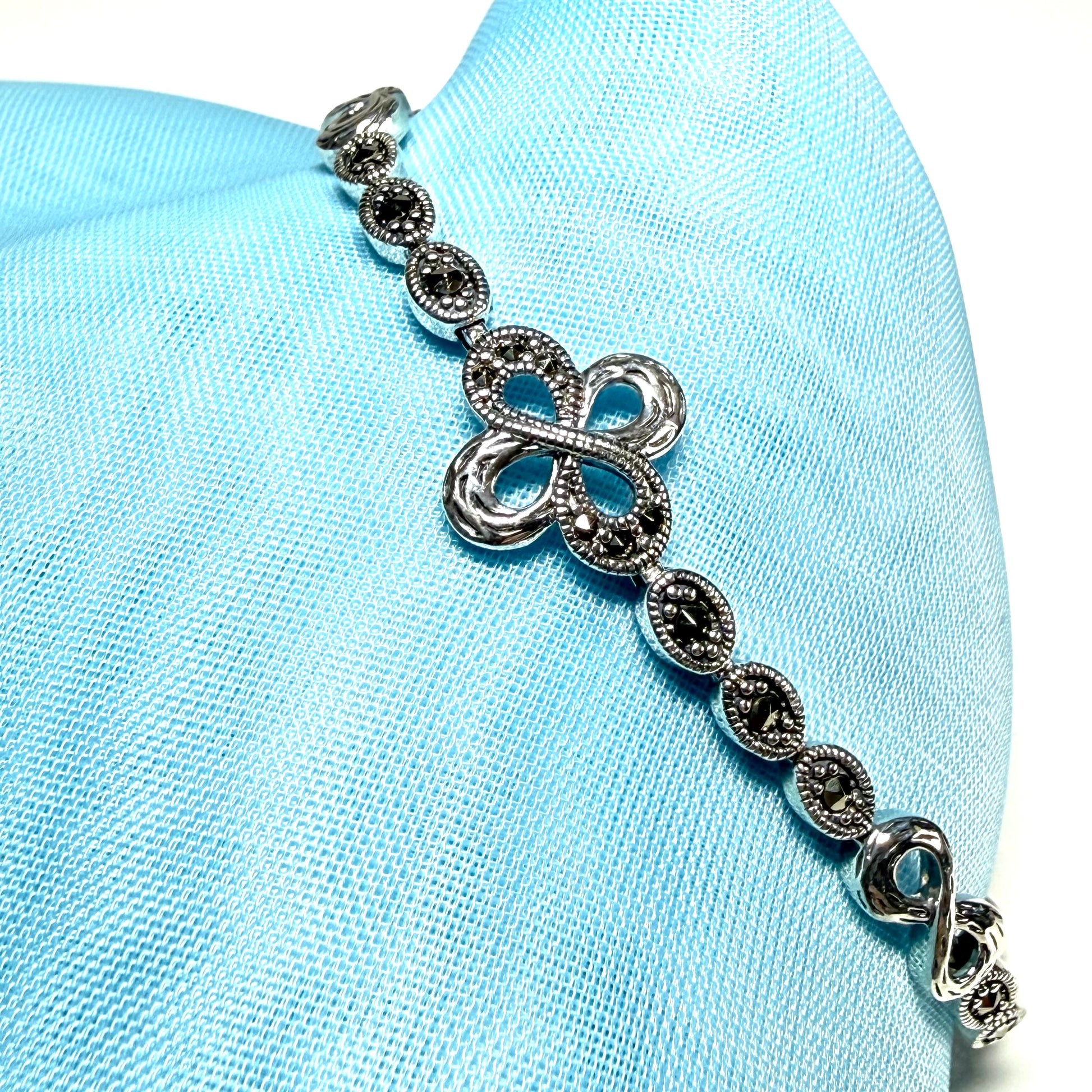 Real marcasite sterling silver bracelet open oval and infinity shaped