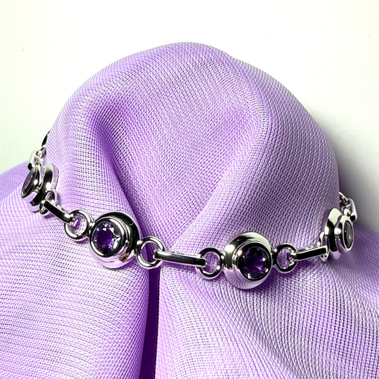 Real purple amethyst fancy round link sterling silver bracelet