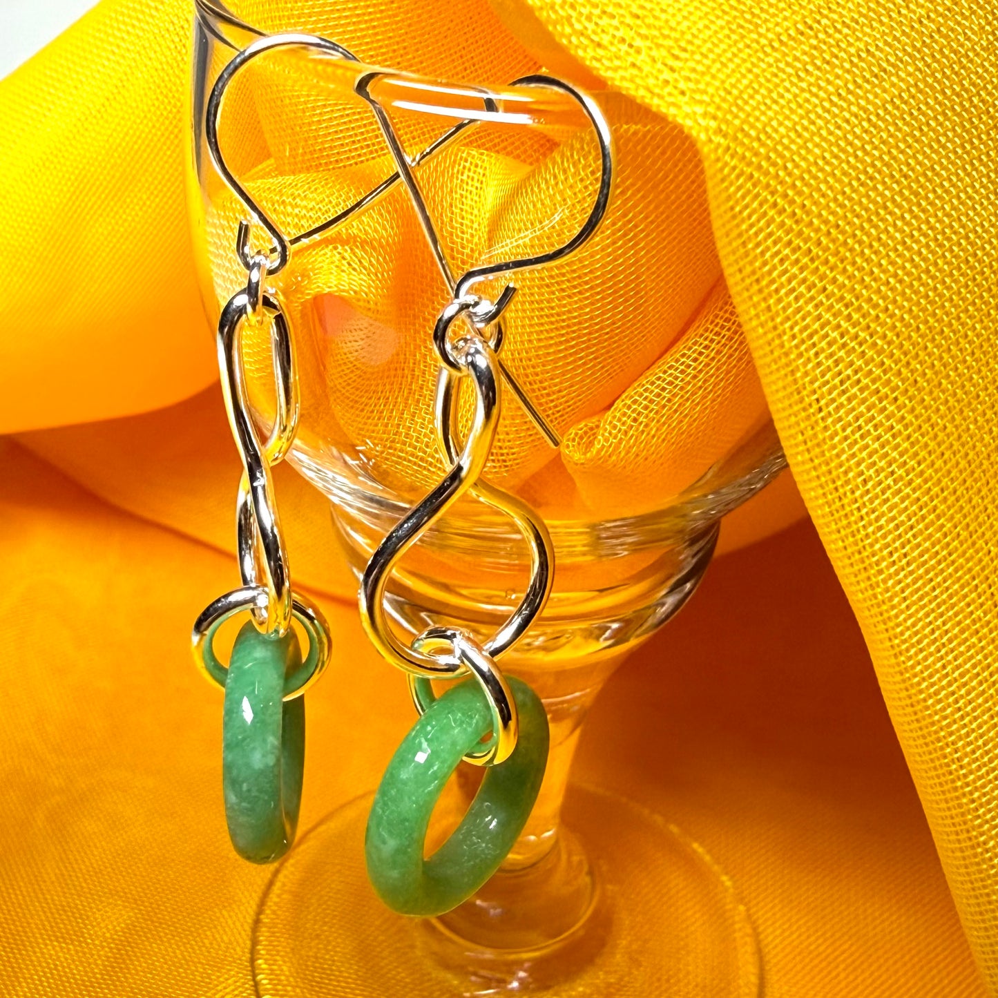 A round real green jade sterling silver dangling dropped earrings, simply gorgeous pair of earrings