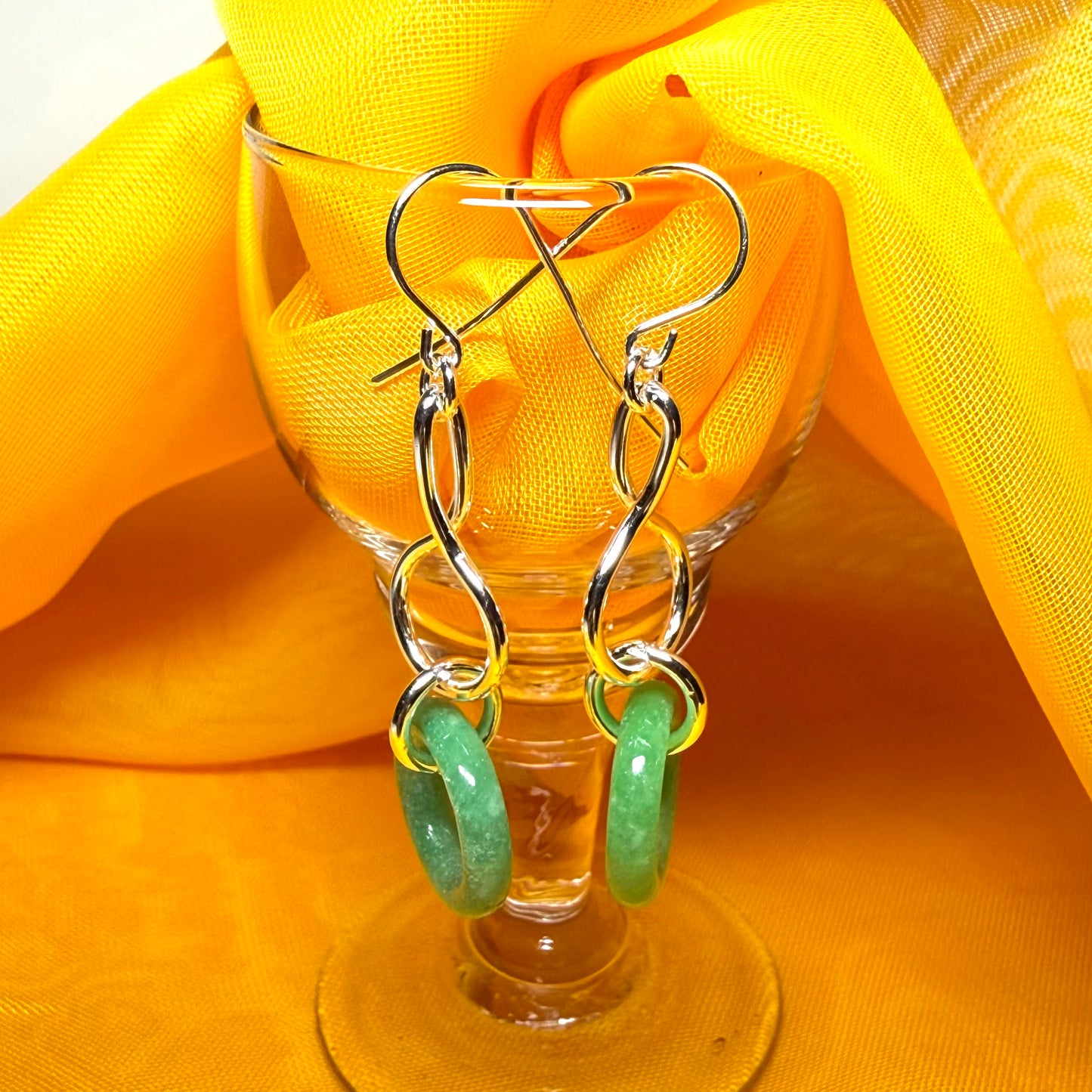 A round real green jade sterling silver dangling dropped earrings, simply gorgeous pair of earrings
